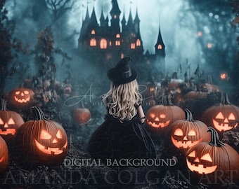 Halloween Digital Background | Halloween Castle Digital Backdrop | Jack-O-Lantern Path, Haunted Castle | Composite Background for Halloween