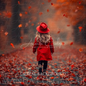 May include: A digital background featuring a child in a red coat and hat walking on a path covered in fallen autumn leaves. The image has a soft focus with falling leaves and the text "DIGITAL BACKGROUND" at the bottom.