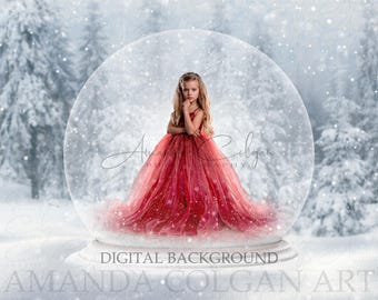 Winter Schneekugel digitaler Hintergrund | Weihnachten Digitaler Hintergrund | Schneekugel, Andenken, Schnee, verschneiter Wald, Haustier, Kind, Familie, Paar