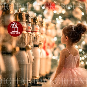 May include: A child wearing a light pink tutu dress with thin straps stands before a row of tall, white and gold nutcracker figures. The scene is illuminated by soft, warm, out-of-focus holiday lights, and a red circular icon displays the text FREE GIFT.