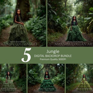 May include: A digital backdrop bundle featuring five images of a child in a dark green ruffled gown standing on a dirt path in a lush jungle setting. The text reads 5 Jungle DIGITAL BACKDROP BUNDLE Premium Quality 300DPI AMANDA COLGAN ART.