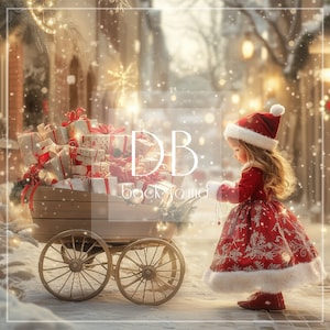 Christmas Digital Background | Christmas Gift Cart Digital Backdrop | Christmas Presents, Snow, Winter, Snowy Village | Composite Backdrop