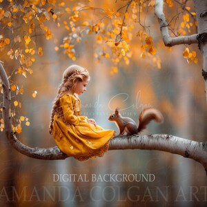 Può includere: Una giovane persona con un vestito dorato è seduta su un ramo con uno scoiattolo. La scena è ambientata in una foresta con fogliame autunnale. Il testo "DIGITAL BACKGROUND AMANDA COLGAN ART" è visibile.