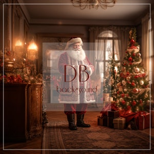 Papai Noel na véspera de Natal fundo digital | Fundo digital de Natal | Papai Noel em pé na sala de estar decorada de Natal