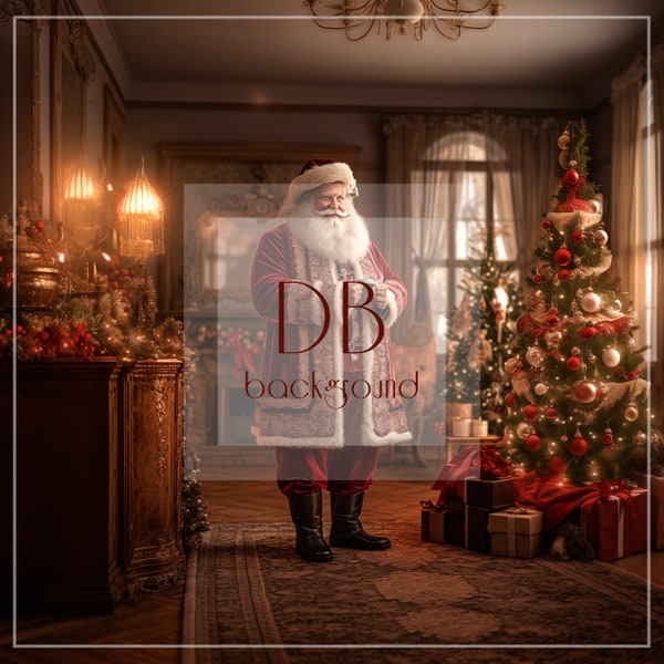 Santa on Christmas Eve Digital Background | Christmas Digital Background | Santa Standing in Christmas Decorated Living Room