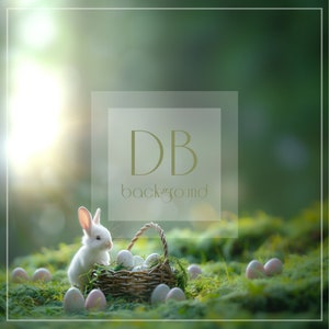 May include: A white rabbit sits next to a wicker basket filled with white and pink Easter eggs. The basket is surrounded by more eggs on a bed of green moss. The background is a blurred green forest with a sunbeam shining through the trees.