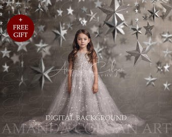 Neujahr Digital Backdrop | Weihnachten Digitaler Hintergrund | Silberne Sterne, Weihnachtssterne, Glitter, Winter, Verbundstoff