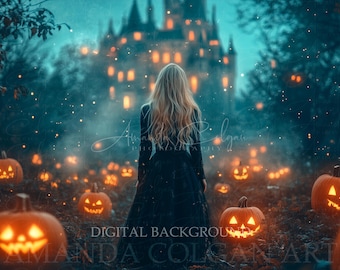 Halloween Digital Background | Halloween Castle Digital Backdrop | Pumpkins, Haunted Castle, Jack-O-Lantern Path, Composite Background