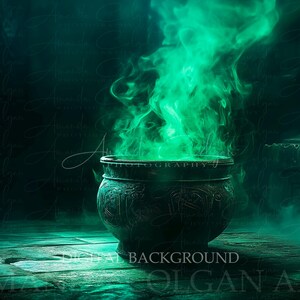 Halloween Digital Backdrop | Witches Cauldron Digital Background | Green Smoke, Witches Hut, Halloween, Dungeon | Background for Composite