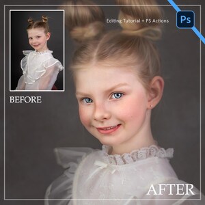 May include: A before-and-after image of a young girl with blonde hair and blue eyes. The "before" image shows the girl in a white dress. The "after" image shows the girl with enhanced skin tones and a brighter appearance. Text on the image reads "Editing Tutorial + PS Actions" and "AFTER".