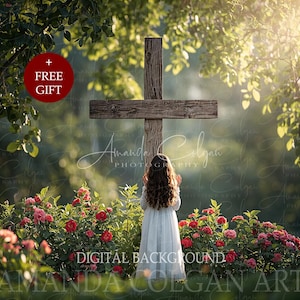 May include: A digital background featuring a wooden cross in a garden setting, with a young person in a white dress standing before it. Lush rose bushes in shades of pink and red frame the scene. The text "DIGITAL BACKGROUND" is visible.
