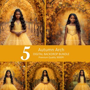 Può includere: Un set di sfondi digitali con cinque varianti di un arco autunnale con foglie d'acero dorate. Ogni scena mostra una persona con un abito giallo sotto un tunnel di fogliame. Il testo recita 5 Autumn Arch DIGITAL BACKDROP BUNDLE Premium Quality 300DPI.