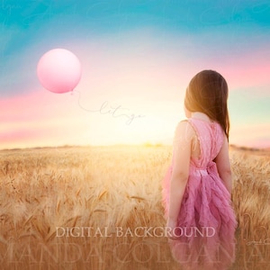 Wheat Field Digital Backdrop with Balloon PNG | Hay Field Digital Background | Country Field, Sunset Field, Autumn | Composite Backdrop