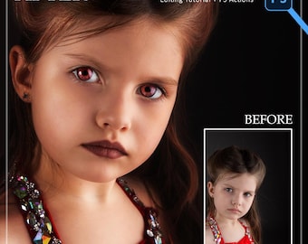 May include: A before-and-after image of a young girl with red eyes and dark lipstick. The "AFTER" image shows a digitally enhanced portrait with vibrant colors. The "BEFORE" image is a smaller, less vibrant version of the original photo. Text includes "Editing Tutorial + PS Actions" and "Ps".