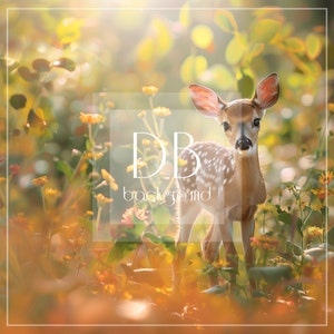 May include: A young fawn with white spots stands in a field of yellow and orange wildflowers. The fawn is looking directly at the camera. The background is blurred and the sun is shining through the leaves.