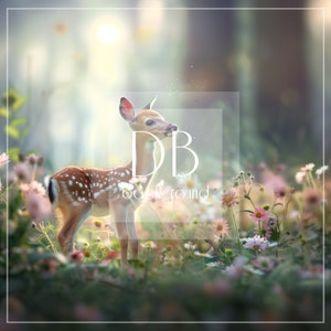 May include: A young fawn with white spots stands in a field of pink and white wildflowers. The fawn is looking to the right of the image. The background is a blurred forest scene with sunlight shining through the trees.