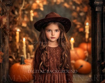 Autumn Digital Background | Autumn Archway Digital Backdrop | Archway with Leaves, Pumpkins & Candles | Halloween Background for Composites