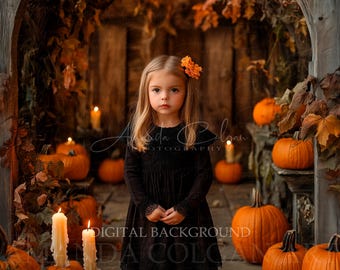 Autumn Digital Background | Autumn Archway Digital Backdrop | Archway with Leaves, Pumpkins & Candles | Halloween Background for Composites