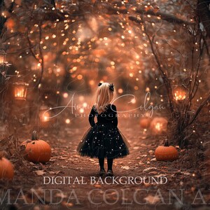 Autumn Digital Backdrop | Autumn Path Digital Background | Lanterns, Pumpkins, Wooded Path, Fall, Pet or Child Composite, Magical Woods