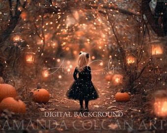 Autumn Digital Backdrop | Autumn Path Digital Background | Lanterns, Pumpkins, Wooded Path, Fall, Pet or Child Composite, Magical Woods