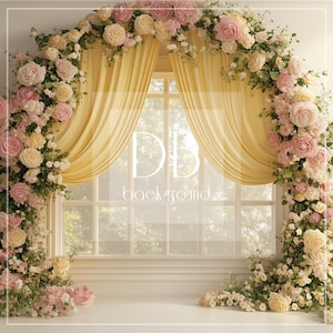 Spring Digital Background | Rose Arch Floral Window Digital Backdrop | Easter, Yellow Floral Window | Fine Art Background for Composites