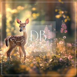May include: A young fawn with white spots stands in a field of wildflowers. The fawn is looking to the left of the image. The background is a blurred forest with sunlight shining through the trees.