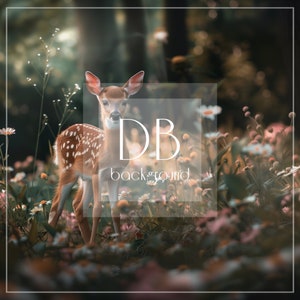 May include: A young fawn with brown and white spots stands in a field of wildflowers. The fawn is looking directly at the camera. The background is a blurry forest.