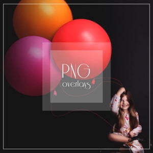 Puede incluir: Una niña pequeña está sentada en una silla con tres globos atados al respaldo de la silla. Los globos son de color rosa, naranja y rojo. El texto "PNG overlays" es visible en la imagen.