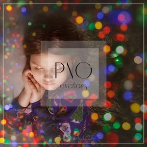 Puede incluir: Una niña pequeña durmiendo con la cabeza apoyada en una almohada, rodeada de luces bokeh de colores. El texto "PNG overlays" está superpuesto a la imagen.