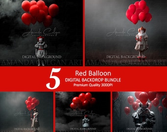 5 Halloween Digitale Kulissen Bundle | Clown Digitaler Hintergrund | Rote Luftballons, Spuk, Gruselig, Spuk | Digitaler Hintergrund für Verbundstoffe