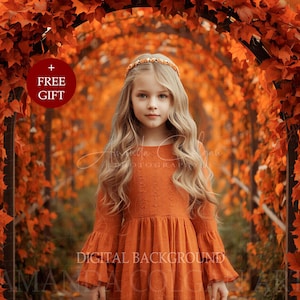 Può includere: Uno sfondo digitale che presenta un arco di foglie d'acero autunnali di colore arancione e rosso vibrante. Un badge circolare rosso nell'angolo in alto a sinistra contiene il testo + FREE GIFT. L'immagine include una filigrana con il testo Amanda Colgan Photography.