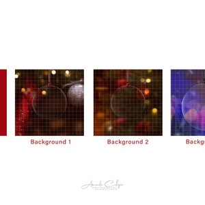 May include: Three digital backgrounds featuring a transparent Christmas ornament with a grid overlay. The backgrounds are a blurry image of Christmas lights in red, orange, and yellow, a blurry image of Christmas lights in red, orange, and yellow, and a blurry image of Christmas lights in pink, purple, and blue.