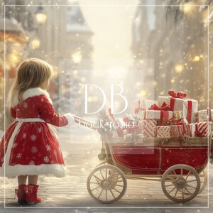 Christmas Digital Background | Christmas Gift Cart Digital Backdrop | Christmas Presents, Snow, Winter, Snowy Village | Composite Backdrop