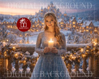 Digitale Weihnachtskulisse | Digitaler Hintergrund mit Balkon im Winterdorf