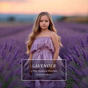 Könnte beinhalten: Ein digitales Produktangebot mit einem lavendelfarbenen, gestuften Kleid mit dünnen Trägern und einer Taillenschnürung. Das Bild enthält weißen Text mit der Aufschrift LAVENDER 5 PNG Premium Overlays by AmandaColganArt über dem Kleid.