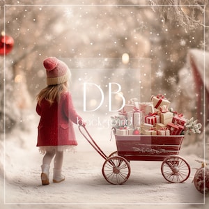 Christmas Digital Background | Christmas Gift Cart Digital Backdrop | Christmas Presents, Snow, Winter, Snowy Forest | Composite Backdrop