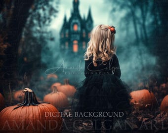 Halloween Digital Background | Halloween Castle Digital Backdrop | Pumpkin Path, Haunted Castle | Composite Background for Halloween