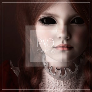 May include: A young girl with long red hair and black eyes is crying. She is wearing a white lace collar and a red dress. The image has the text "PNG overlays" on it.