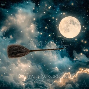 Halloween Digital Background | Flying Witch Broom Digital Backdrop | Full Moon, Nighttime, Clouds | Composite Background for Photography
