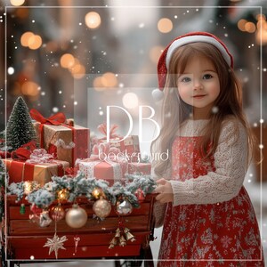Christmas Digital Background | Christmas Gift Cart Digital Backdrop | Christmas Presents, Snow, Winter, Snowy Village | Composite Backdrop