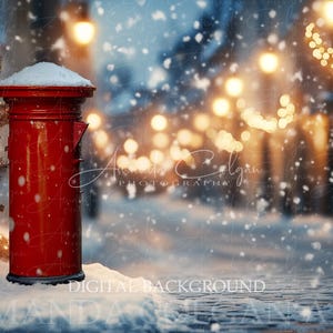 Christmas Digital Background | Letters to Santa Digital Backdrop | Holiday, Festive, Christmas, Red Mailbox, City Street, Snow Scene