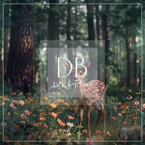 May include: A young fawn with brown and white spots stands in a field of wildflowers. The fawn is looking to the left of the image. The background is a blurred forest.