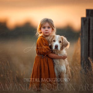 May include: A young child in a rust-colored dress embraces a golden retriever dog in a field at sunset. The dog has a white and tan coat. The background features tall grass and a wooden fence post. The image has a warm, golden tone.