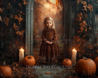 Autumn Digital Background | Autumn Archway Digital Backdrop | Archway with Leaves, Pumpkins & Candles | Halloween Background for Composites