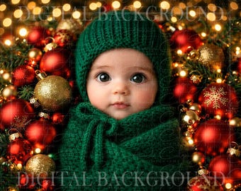 Digitale Weihnachtshintergrundvorlage für Neugeborene | Digitaler Hintergrund mit Ornamenten | PNG, Gesicht hinzufügen, Gesicht einfügen