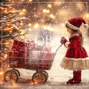 Christmas Digital Background | Christmas Gift Cart Digital Backdrop | Christmas Presents, Snow, Winter, Snowy Forest | Composite Backdrop