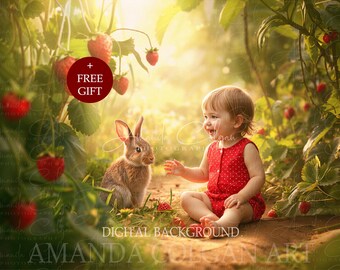 Spring Digital Backdrop | Bunny Rabbit in Strawberry Field Digital Background