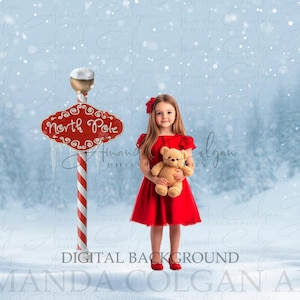 Christmas Digital Backdrop | 2 North Pole Digital Backgrounds with Snow Overlay | Winter, Snow, North Pole Sign, Winter Forest, Composite
