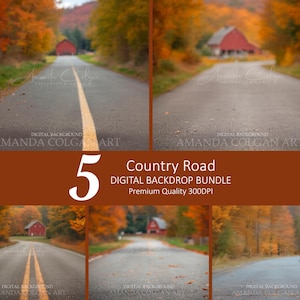 Könnte beinhalten: Ein digitales Hintergrundpaket mit fünf Landstraßenszenen. Die Bilder zeigen Asphaltstraßen mit gelben Mittellinien, die zu roten Scheunen führen, umgeben von Herbstlaub. Der Text lautet "Country Road Digital Backdrop Bundle Premium Quality 300DPI".