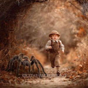 Puede incluir: Un fondo digital que muestra a un niño huyendo de una gran araña en un bosque. El niño lleva un sombrero marrón, una camisa y un peto. La escena tiene una paleta de colores cálidos y otoñales. El texto incluye "Amanda Photography" y "Digital Background Art".